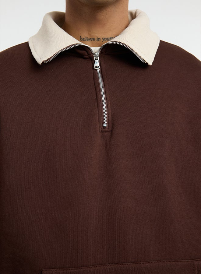 trendyol Brown Oversize/Wide Cut Stand Collar Zippered Polar Fleece Inside/Warm Sweatshirt TMNAW25SW00081 - Image 4