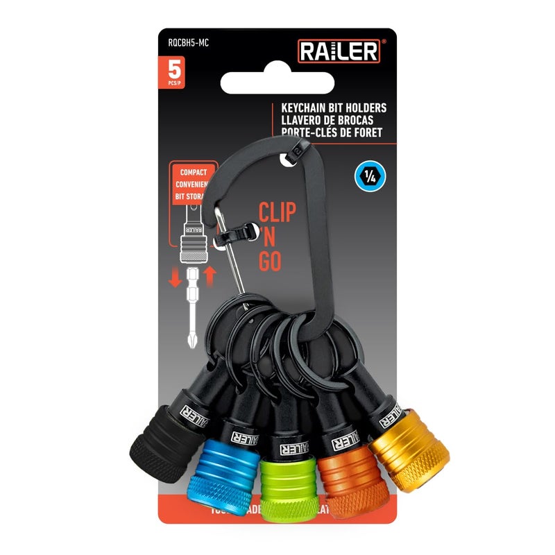 Railer Bit Holder Keychain 5pc 14 inch Hex Shank Bit Holders QuickChange Design for Nut Driver Screwdriver Drill Bits Include Keychain Carabiner MultiColor