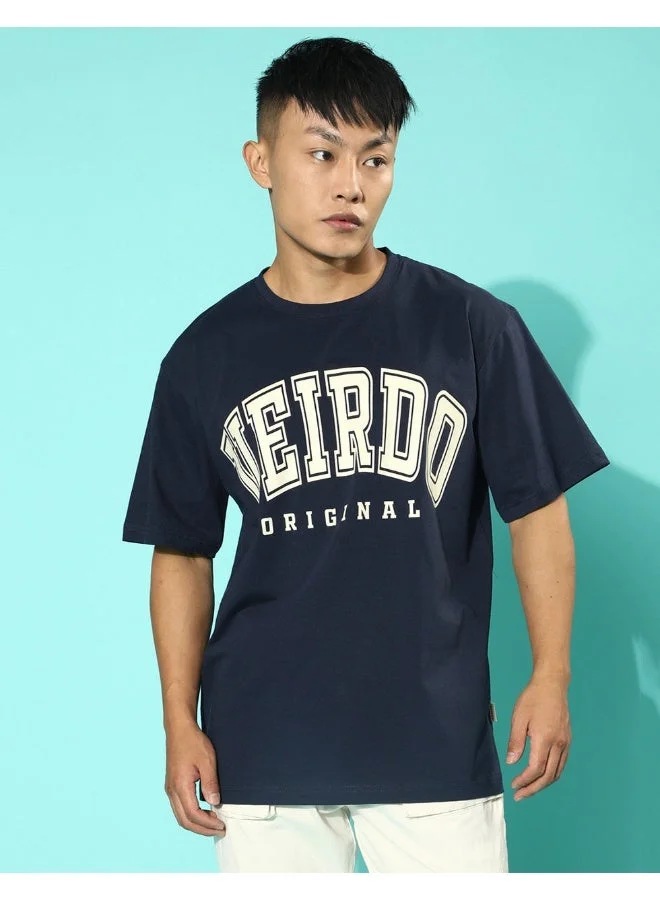 فيردو Veirdo® Pure Cotton Navy Blue Oversized Fit Typographic Printed Half Sleeve T-Shirt for Men (OS_100_VDORGNL_NVY_S)