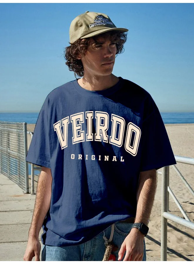 Veirdo Veirdo® Pure Cotton Navy Blue Oversized Fit Typographic Printed Half Sleeve T-Shirt for Men (OS_100_VDORGNL_NVY_S)