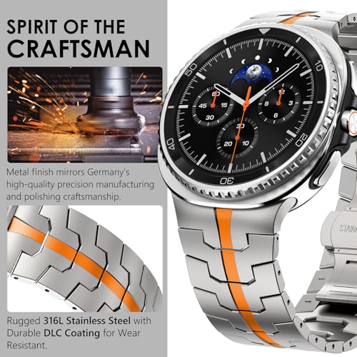 WINGLE Metal Bands for Galaxy Watch 8/8 Classic Band Samsung Galaxy Watch 8 Band 44mm 40mm 46mm Men Rugged Durable Armor Stainless Steel Classy Elegant Casual Business Link Bracelet, Titanium/Orange - Image 4