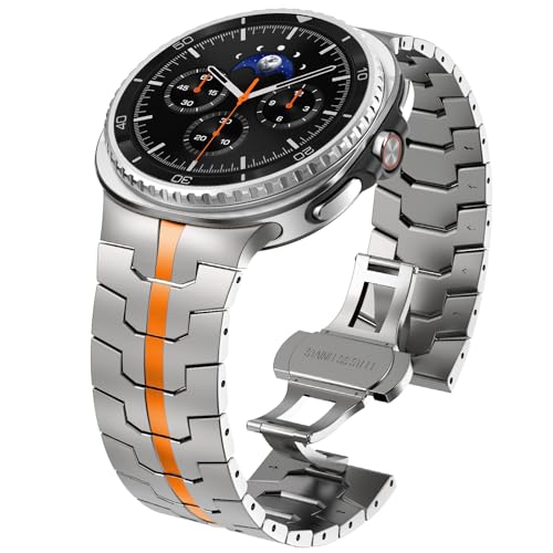 WINGLE Metal Bands for Galaxy Watch 8/8 Classic Band Samsung Galaxy Watch 8 Band 44mm 40mm 46mm Men Rugged Durable Armor Stainless Steel Classy Elegant Casual Business Link Bracelet, Titanium/Orange - Image 1