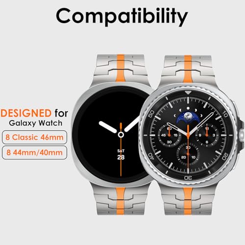 WINGLE Metal Bands for Galaxy Watch 8/8 Classic Band Samsung Galaxy Watch 8 Band 44mm 40mm 46mm Men Rugged Durable Armor Stainless Steel Classy Elegant Casual Business Link Bracelet, Titanium/Orange - Image 2