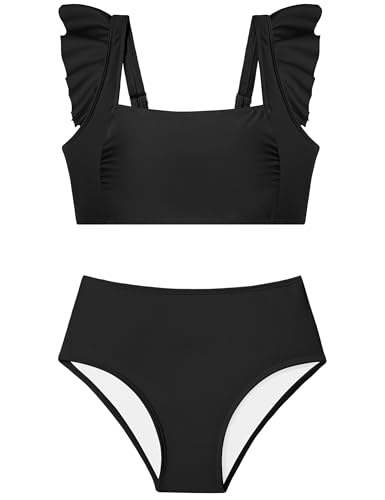 ZAANTI Girls Swimsuits Size 12-14 Ruched Ruffle Trim Adjustable Shoulder Straps High Waist 2 Piece Bathing Suits with Shorts with Removable Chest Pad Swimsuit for Teen Girls Black - Image 1