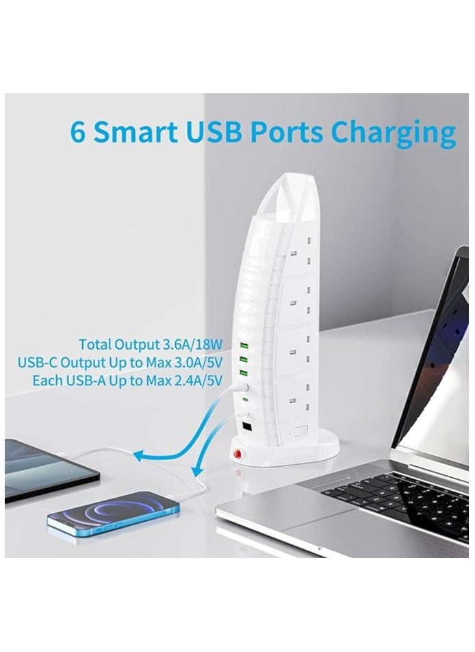 SUKILO Tower Power Extension Strip – 8 Outlets, 4 USB Ports, 2 USB-C Ports, 2m Cord, Surge Protection  - Image 3