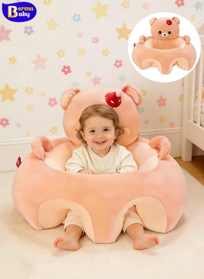 Berma Baby أريكة أرضية للأطفال من القطيفة - كرسي تعليمي للجلوس والتغذية، مقعد دعم للأريكة للعب، كرسي مريح للجلوس للأطفال وأريكة لعبة للأولاد والبنات (دب وردي وردي) - Image 1