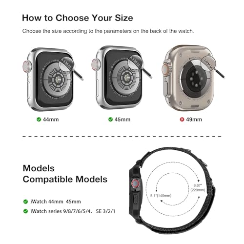 SUNFWR Bands Compatible with Apple Watch 44mm 45mm with Case,Rugged Sport Apple Watch Strap with Protective Cover for iwatch Series 9/8/7/6/5/4/SE for Men(Black Black Tags) - Image 2