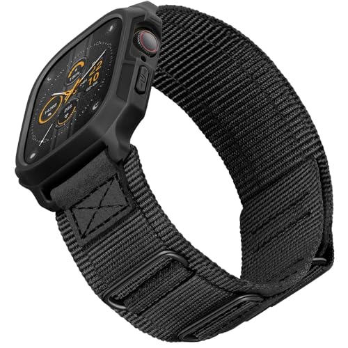 SUNFWR Bands Compatible with Apple Watch 44mm 45mm with Case,Rugged Sport Apple Watch Strap with Protective Cover for iwatch Series 9/8/7/6/5/4/SE for Men(Black Black Tags) - Image 1