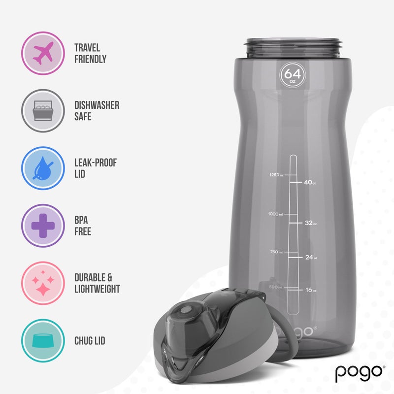 Pogo 64oz Plastic Water Bottle with Leak-Proof Chug Lid and Carry Handle, Reusable, BPA Free, Capacity Markings, Dishwasher Safe, Perfect for Travel, School, Outdoors, and Gym, Grey - Image 3