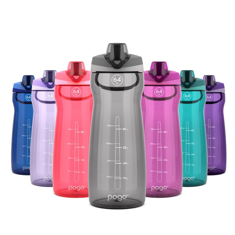 Pogo 64oz Plastic Water Bottle with Leak-Proof Chug Lid and Carry Handle, Reusable, BPA Free, Capacity Markings, Dishwasher Safe, Perfect for Travel, School, Outdoors, and Gym, Grey - Image 1
