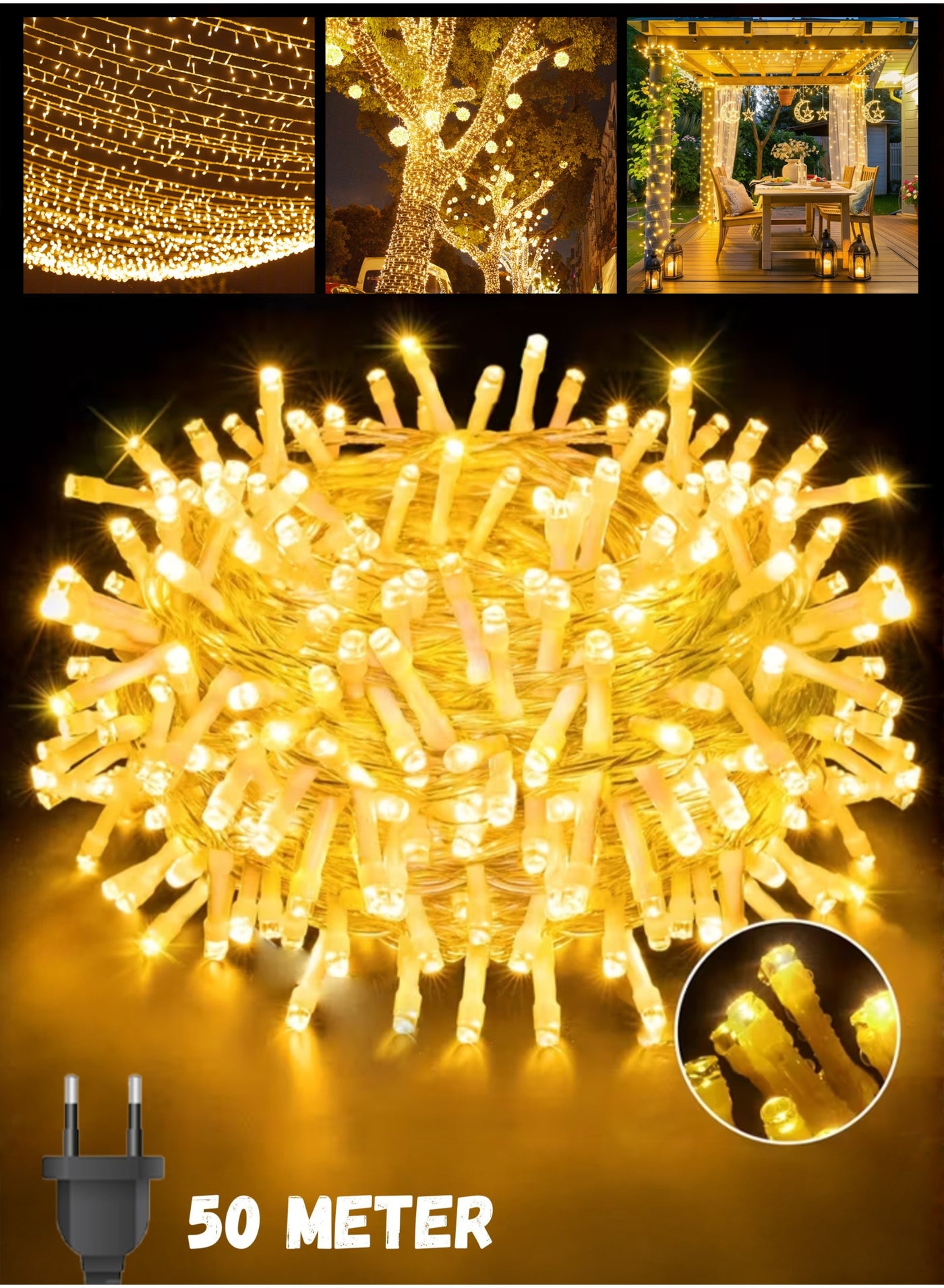 50Meter LED Warm White Ramadan Decoration Lights – 480 LEDs Waterproof Fairy String Lights for Eid, Ramadan, Garden, Camping, Patio, and Holiday Décor