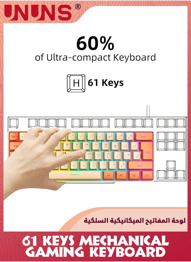 UNUNS - 60% Wired Gaming Keyboard,Compact 61 Keys Wired Mechanical Keyboard,10 RGB Backlit,5 Adjustable Brightness,Mini Keyboard For Windows/Mac/Linux Gamer,Typist,Travel,Cream And Orange - Image 1