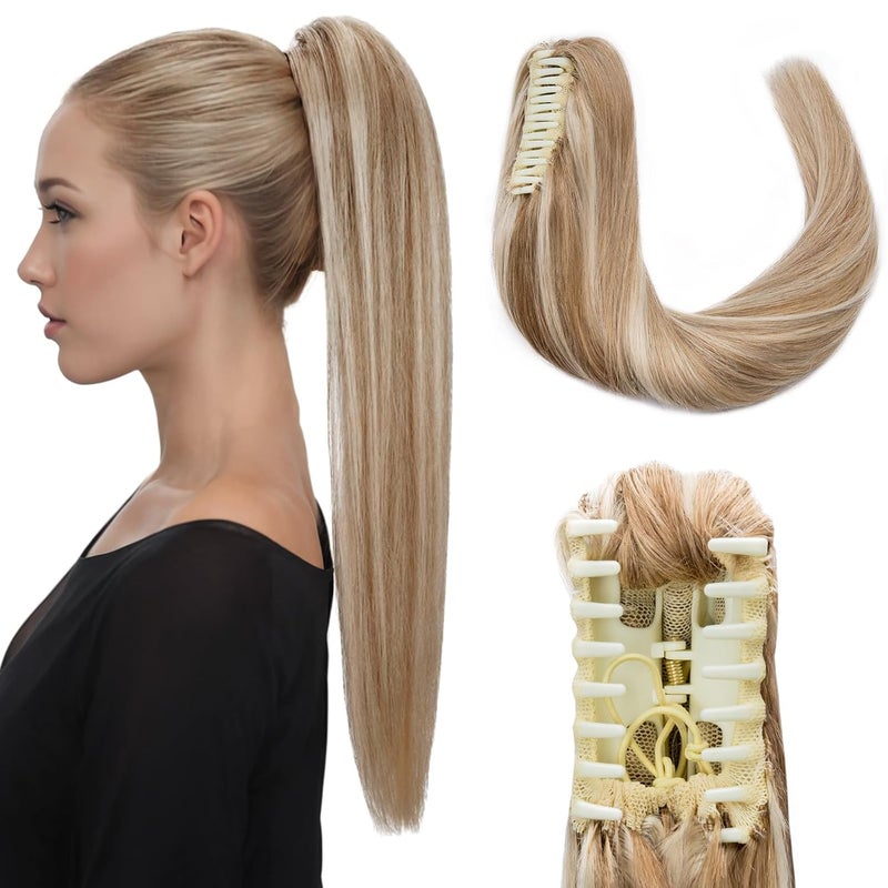 Hairro Claw Clip In Ponytails 100 Real Human Hair Ponytail Hair Extensions Jaw On Ponytail JawClaw Clips Pony Tail Hairpieces For Women 14 Inch 105g 12P613 Golden Brown Mix Bleach Blonde