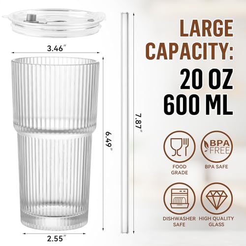 CWHHRN 20 oz Glass Cup with Lid and Straw, Glass Tumbler with Straw and Lid, Vintage Glassware for Whiskey Cocktail Beer, Iced Coffee Cups with Lid (1 PACK) - Image 2