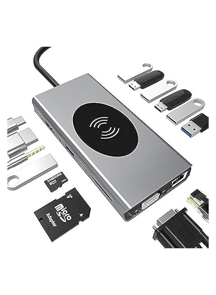 Green Tiger Laptop Docking Station Multi-Function 15 in 1 USB C Hub Gigabit Ethernet Wireless Charging USB C Hub Type-c to 4K HDMI Multiport Adapter Dock with VGA PD Charging,3 USB 3.0 Ports, SD Card (15 in 1) - Image 2