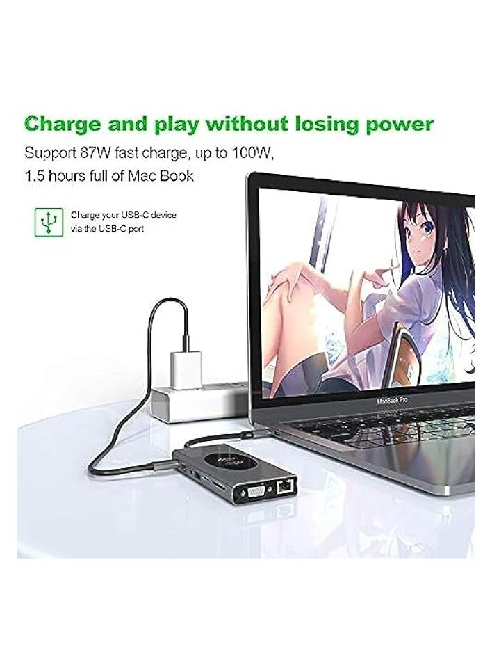 Green Tiger Laptop Docking Station Multi-Function 15 in 1 USB C Hub Gigabit Ethernet Wireless Charging USB C Hub Type-c to 4K HDMI Multiport Adapter Dock with VGA PD Charging,3 USB 3.0 Ports, SD Card (15 in 1) - Image 3
