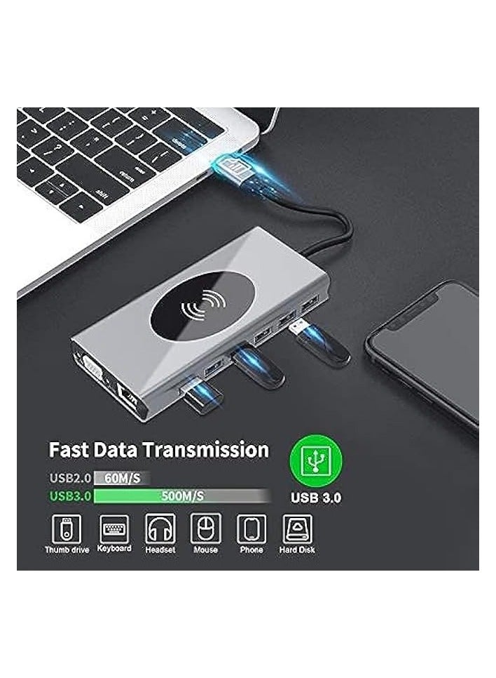 Green Tiger Laptop Docking Station Multi-Function 15 in 1 USB C Hub Gigabit Ethernet Wireless Charging USB C Hub Type-c to 4K HDMI Multiport Adapter Dock with VGA PD Charging,3 USB 3.0 Ports, SD Card (15 in 1) - Image 5