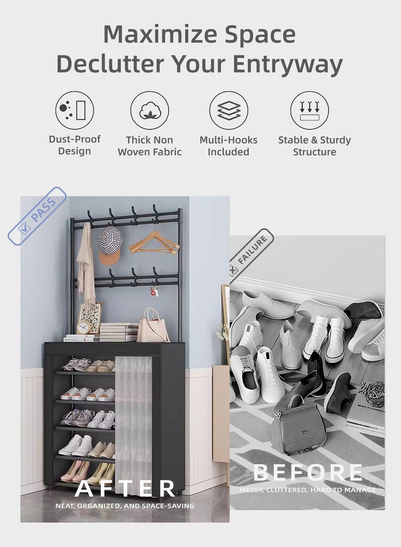 SOTEN 6-Tier Shoe Rack Shoe Cabinet with Hooks, Entryway Shoe Organizer with Hanging Rod & Dustproof Curtain, Vertical Shoe Storage Cabinet with Top Shelf, Multi-Layer Shoe Rack for Entryway, Hallway & Bedroom - Image 3