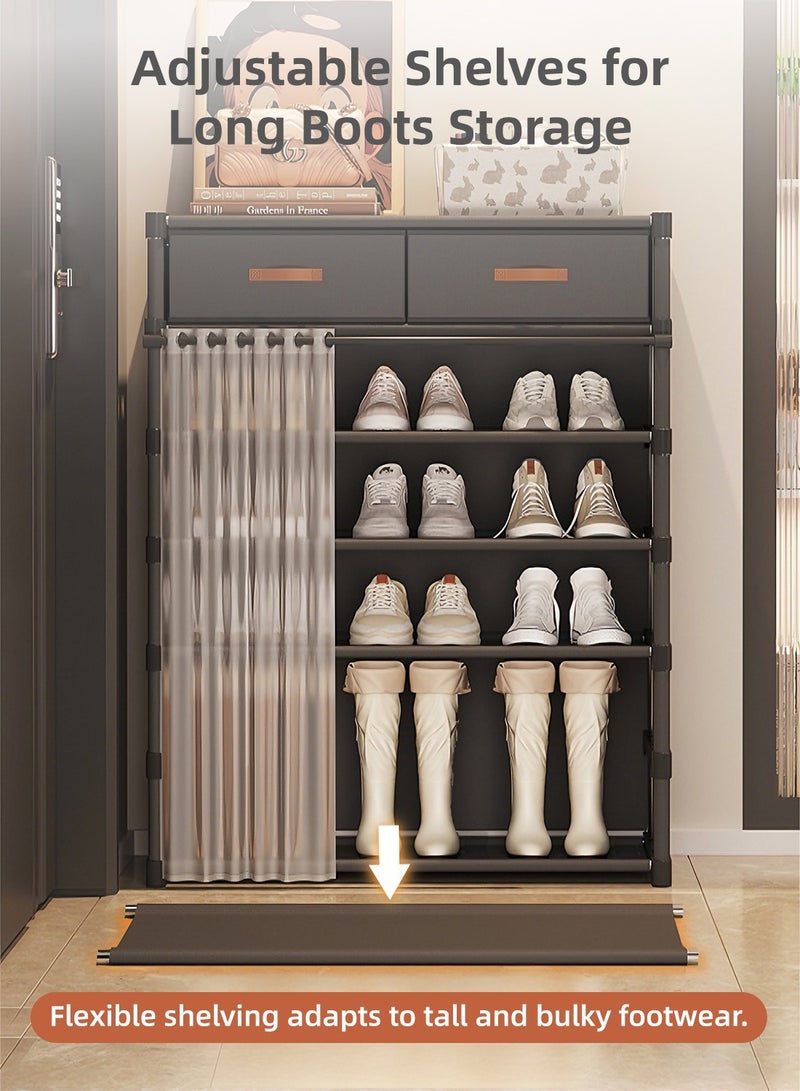 SOTEN 6-Tier Shoe Rack Shoe Cabinet with Hooks, Entryway Shoe Organizer with Hanging Rod & Dustproof Curtain, Vertical Shoe Storage Cabinet with Top Shelf, Multi-Layer Shoe Rack for Entryway, Hallway & Bedroom - Image 5
