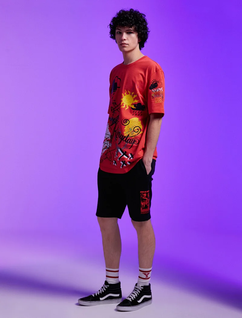 KOTON Men’s Black Graphic Print Shorts – Casual Streetwear Style