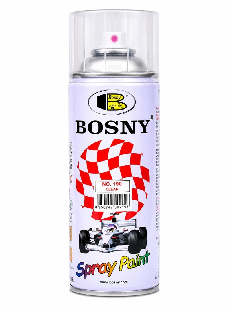 بوسني طلاء رش شفاف (Clear Spray Paint) - بلمسة نهائية لامعة وشفافة، سريع الجفاف، طلاء متعدد الأغراض للمعادن والخشب والبلاستيك، مثالي لترميم السيارات وطبقة حماية علوية - سعة 400 مل - Image 1