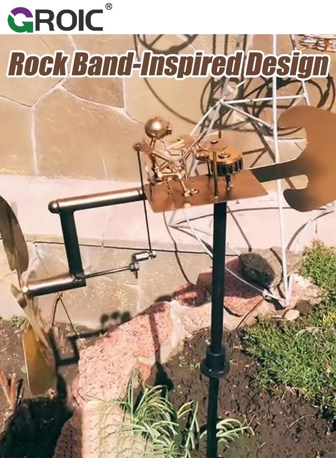 GROIC طاحونة هوائية عازف طبول معدنية مصنوعة يدويًا، تماثيل فن الصخور، تماثيل حركية تعمل بالطاقة الهوائية، دوارات هوائية لتزيين الحديقة والفناء، هدية فريدة لعازفي الموسيقى - Image 3