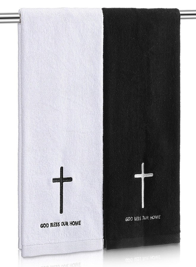 Gilprop 2 Pcs Christian Cross Towel Set, Black and White Embroidered Religious Towels with God Bless Our Home, Easter First Communion Baptism Gift, Decorative Hand Towels for Christian Home Decor - Image 1