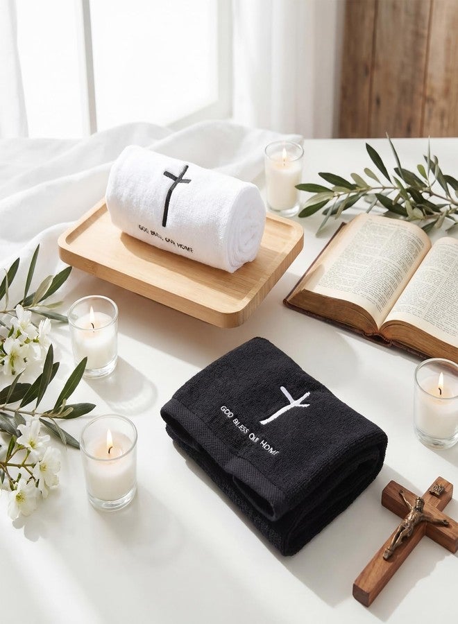 Gilprop 2 Pcs Christian Cross Towel Set, Black and White Embroidered Religious Towels with God Bless Our Home, Easter First Communion Baptism Gift, Decorative Hand Towels for Christian Home Decor - Image 3