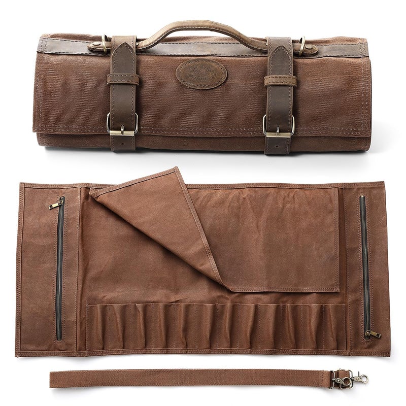 XINZUO Chef  Roll BagProfessional Chef  Case16oz Waxed Canvas and Crazy Horse Leather With 12 Slots Plus 2 Zipper Pockets to Hold Kitchen Cooking ToolsTravel Tool Roll PouchBag Only