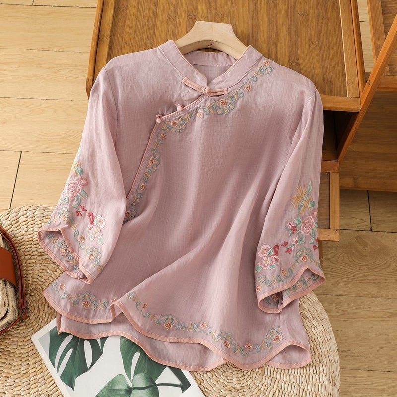 Summer slant lapel national style retro embroidery cotton and linen mothers top womens buckle color matching slim age-reducing seven-point sleeve Purple - Image 1