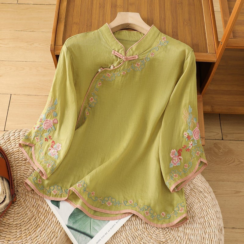 Summer slant lapel national style retro embroidery cotton and linen mothers top womens buckle color matching slim age-reducing seven-point sleeve Purple - Image 4