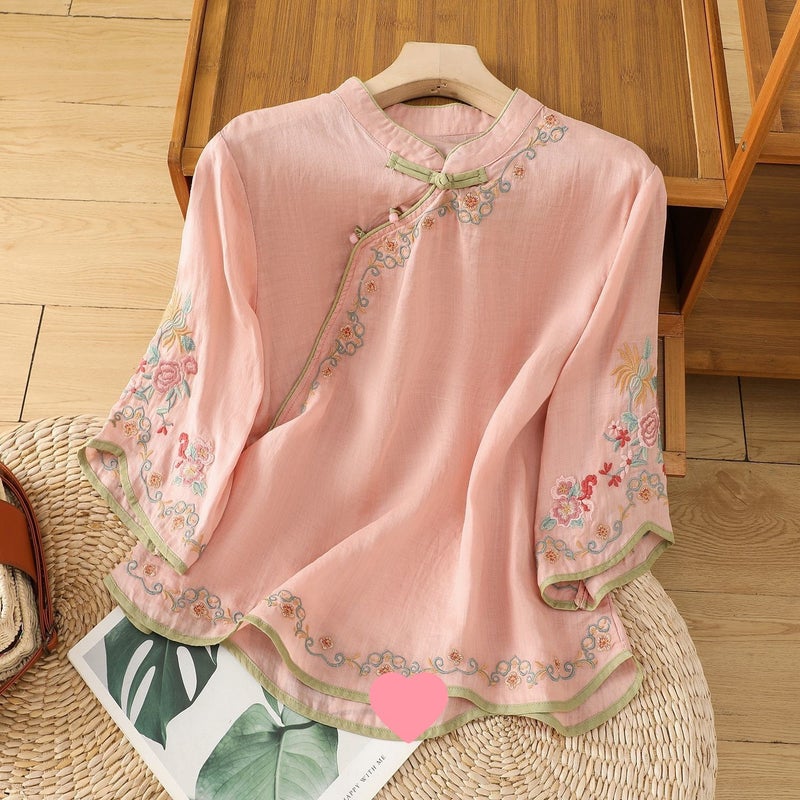 Summer slant lapel national style retro embroidery cotton and linen mothers top womens buckle color matching slim age-reducing seven-point sleeve Purple - Image 3
