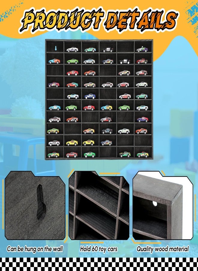 Seenelling علبة عرض خشبية من سينيلينج لعجلات السيارات المصبوبة الساخنة، 60 قسمًا، تُثبت على الحائط، بمقياس 1/64، رف عرض وتخزين سيارات الألعاب، خزانة تنظيم وتخزين سيارات النماذج. - Image 3