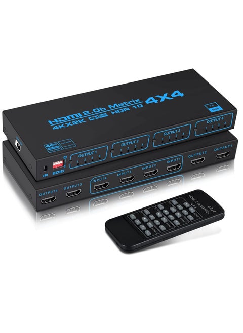 4K@60Hz 4x4 HDMI Matrix Switcher with EDID, 4 in 4 out HDMI Splitter HDMI Audio Video Distribution Box with IR Remote Control, Support HDR, HDMI 2.0b, 3D, 18Gbps, YUV 4:4:4