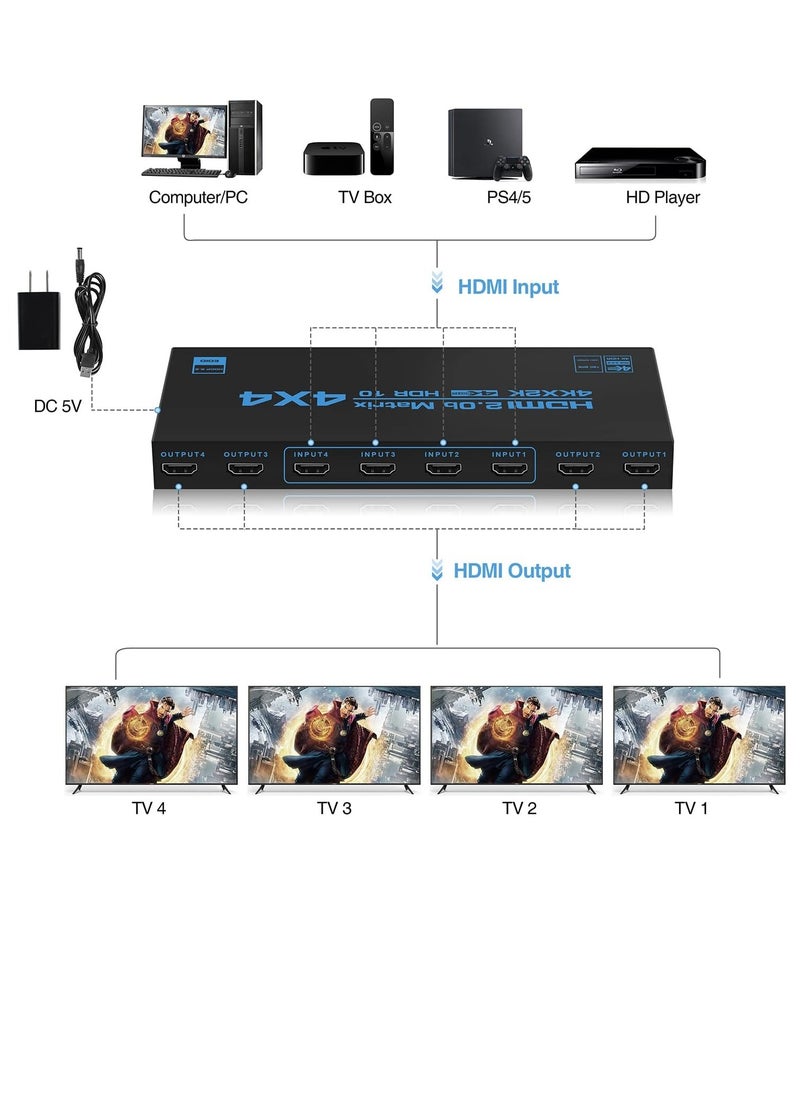 Generic - 4K@60Hz 4x4 HDMI Matrix Switcher with EDID, 4 in 4 out HDMI Splitter HDMI Audio Video Distribution Box with IR Remote Control, Support HDR, HDMI 2.0b, 3D, 18Gbps, YUV 4:4:4 - Image 1