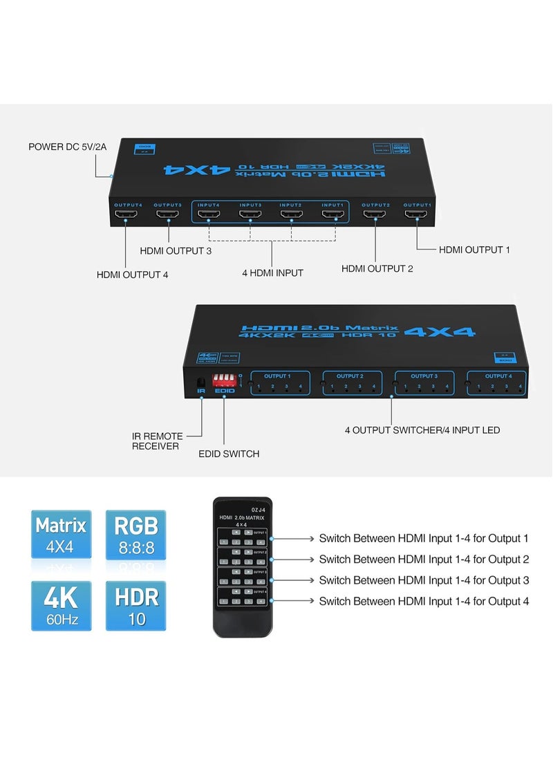 Generic - 4K@60Hz 4x4 HDMI Matrix Switcher with EDID, 4 in 4 out HDMI Splitter HDMI Audio Video Distribution Box with IR Remote Control, Support HDR, HDMI 2.0b, 3D, 18Gbps, YUV 4:4:4 - Image 1