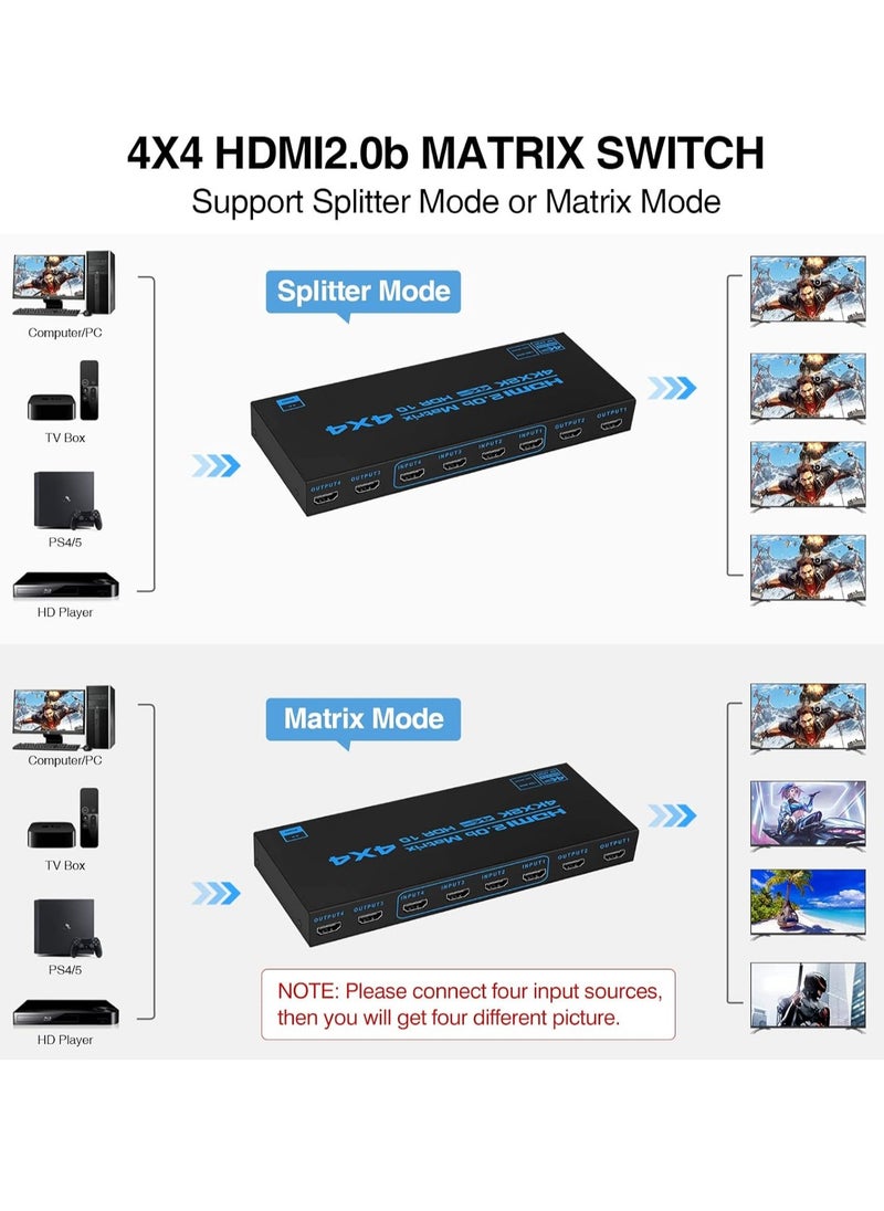 Generic - 4K@60Hz 4x4 HDMI Matrix Switcher with EDID, 4 in 4 out HDMI Splitter HDMI Audio Video Distribution Box with IR Remote Control, Support HDR, HDMI 2.0b, 3D, 18Gbps, YUV 4:4:4 - Image 1