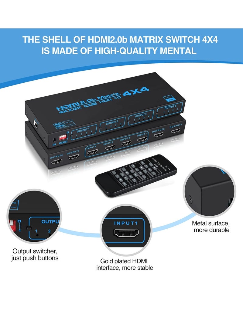 Generic - 4K@60Hz 4x4 HDMI Matrix Switcher with EDID, 4 in 4 out HDMI Splitter HDMI Audio Video Distribution Box with IR Remote Control, Support HDR, HDMI 2.0b, 3D, 18Gbps, YUV 4:4:4 - Image 1