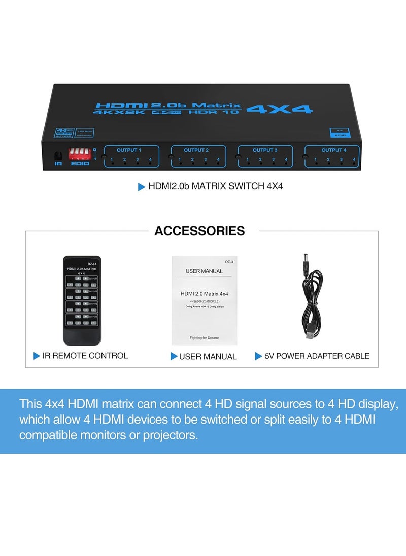 Generic - 4K@60Hz 4x4 HDMI Matrix Switcher with EDID, 4 in 4 out HDMI Splitter HDMI Audio Video Distribution Box with IR Remote Control, Support HDR, HDMI 2.0b, 3D, 18Gbps, YUV 4:4:4 - Image 1