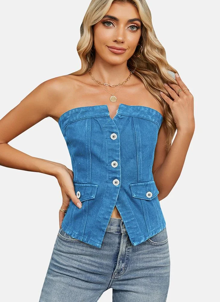 يونيكي Blue Off-shoulder Plain Top