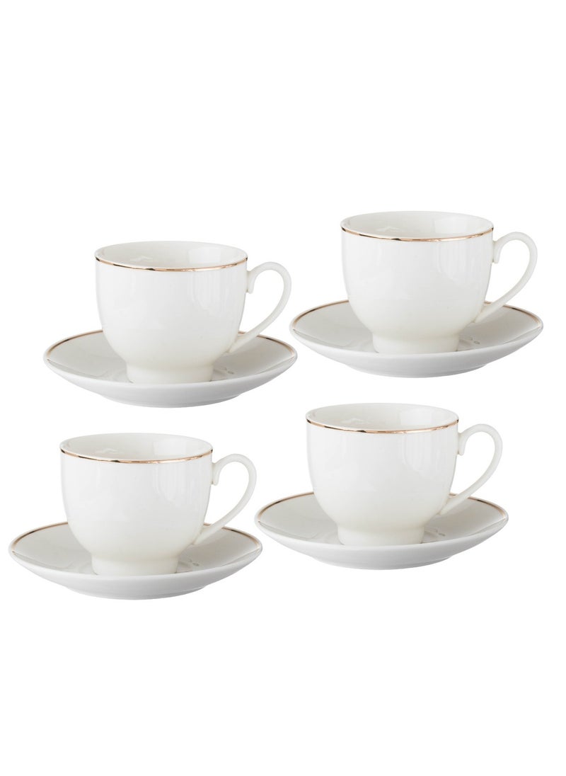 Elegant - Set of 4 cups and 4 saucers, white porcelain with a golden line, for black coffee, milk, tea, and multi-purpose - Image 1