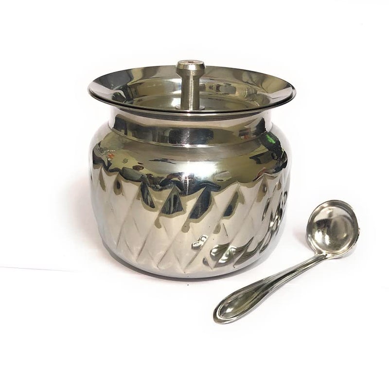 DiBha DiBha Stainless Steel Premium GheePotOilPot Container with Lid and Spoon for Modern Kitchen Pack of 1 Silver Small Swadist checkers 200 ml
