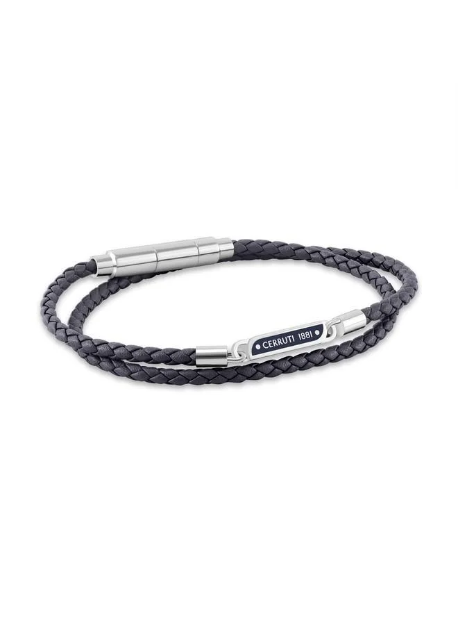 CERRUTI 1881 Emiliano Silver Plated Stainless Steel Black Braided Leather Bracelet for Men 400mm