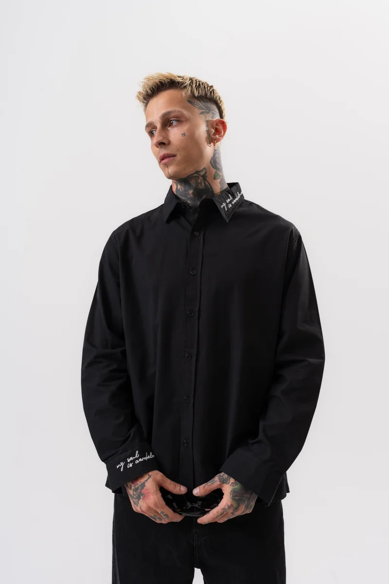 RESPIRE Men's Embroidered Poplin Oversize Shirt, Black