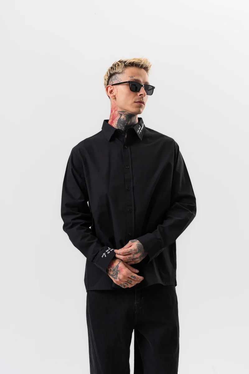 RESPIRE Men's Embroidered Poplin Oversize Shirt, Black