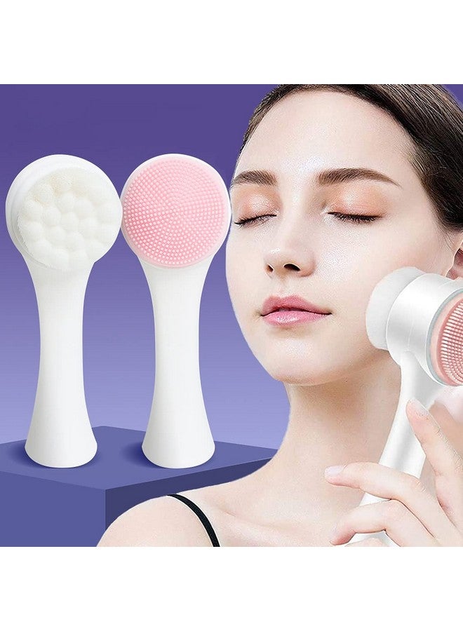 wolpin Facial Cleaning Brush Double Sided Deep Pore Cleaning Manual 2In1 Face Cleansing Exfoliating Brush Facial Wash Massage Soft Silicone Scrubber (Pink) H - Image 1