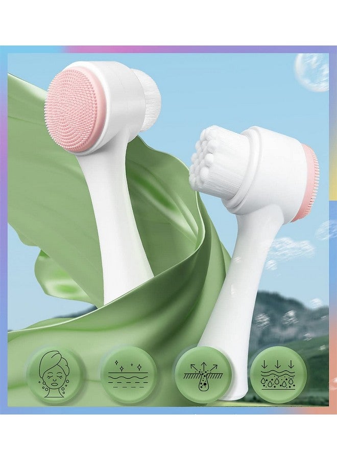 wolpin Facial Cleaning Brush Double Sided Deep Pore Cleaning Manual 2In1 Face Cleansing Exfoliating Brush Facial Wash Massage Soft Silicone Scrubber (Pink) H - Image 2