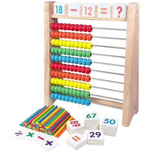 Sealive Wooden Abacus for Kids Math 10 Row Bead Counting Frame with Counting Sticks Number Alphabet Cards Learn Counting Educational Gift for Toddlers Preschoolers Ideal for Home School Daycare - Image 1