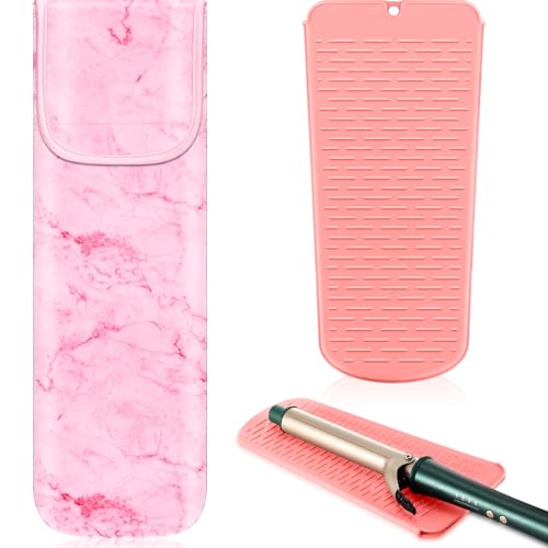 Shappy 2 Pcs Heat Resistant Hair Tools Bag Curling Iron Travel Case Cover Neoprene Flat Iron Holder Travel Case and Silicone Mat Pouch for Hot Hair Tools Storage OrganizerPink Marble Style - Image 1
