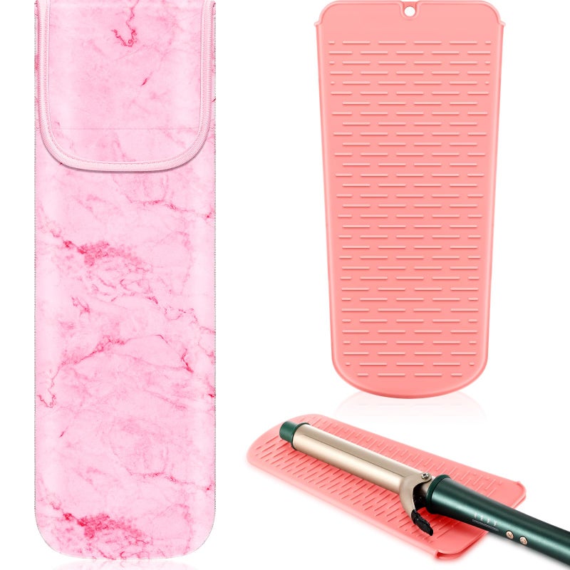 Shappy 2 Pcs Heat Resistant Hair Tools Bag Curling Iron Travel Case Cover Neoprene Flat Iron Holder Travel Case and Silicone Mat Pouch for Hot Hair Tools Storage OrganizerPink Marble Style - Image 3